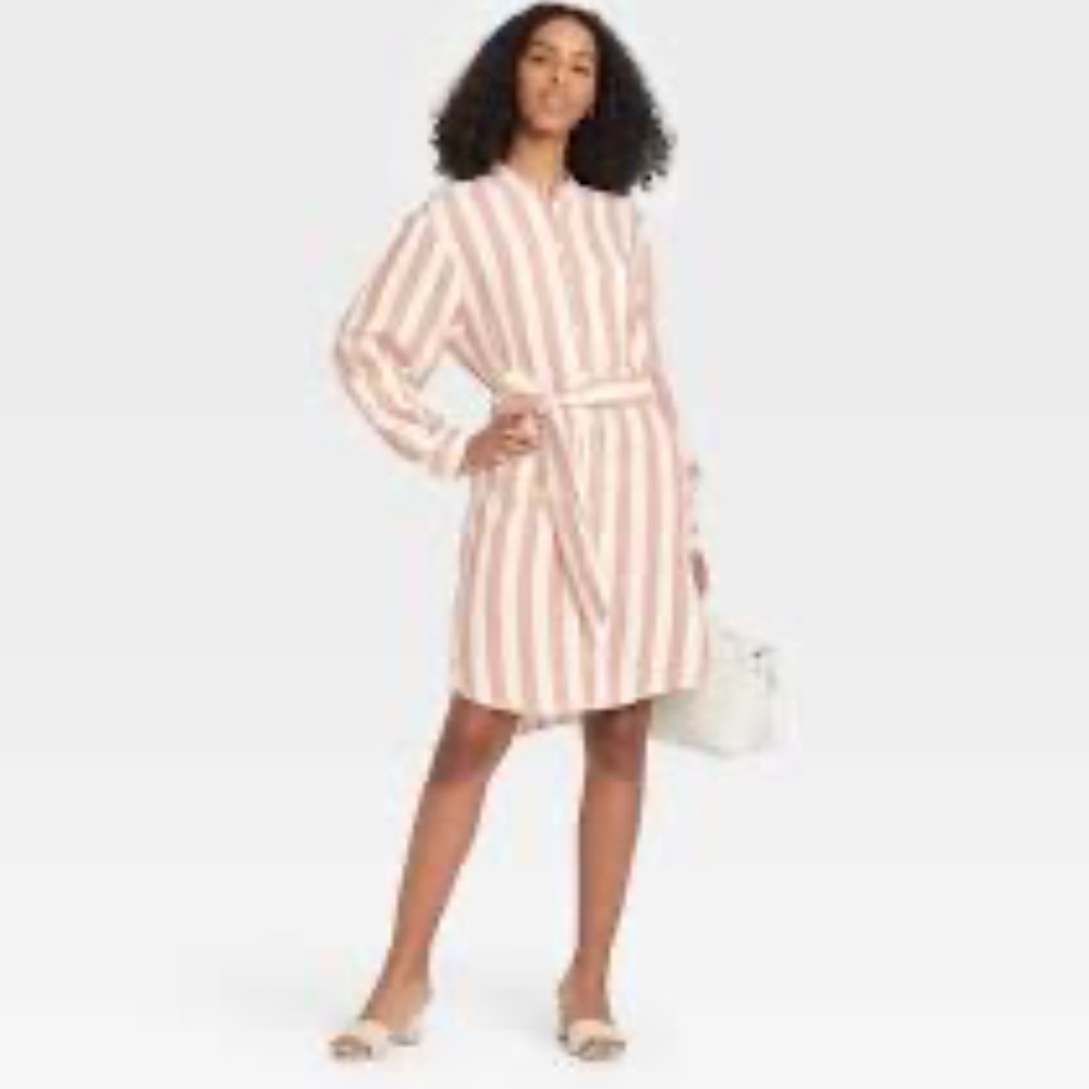 A New Day Women’s Long Sleeve Belted Dress Brown/Cream Striped Size XL